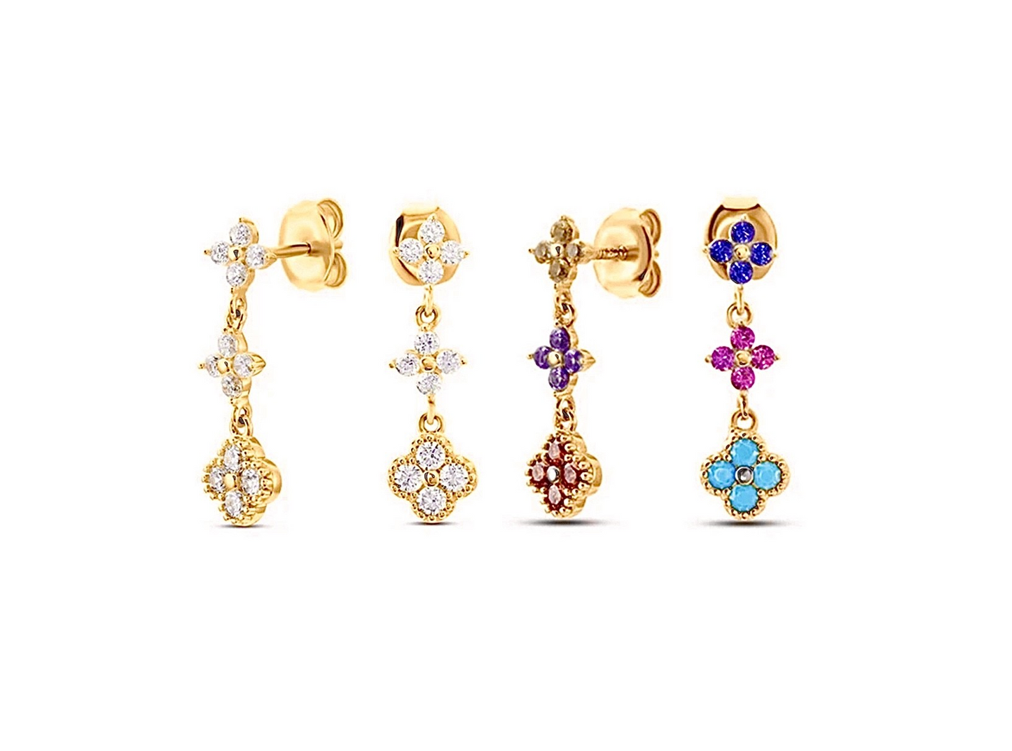 Multi-Coloured 4 Leaf Clover Flower Earrings