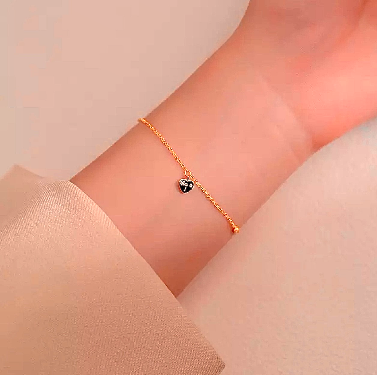 Elegant Dainty Love You & I Heart Bracelet 14K Gold, 925 Sterling Silver