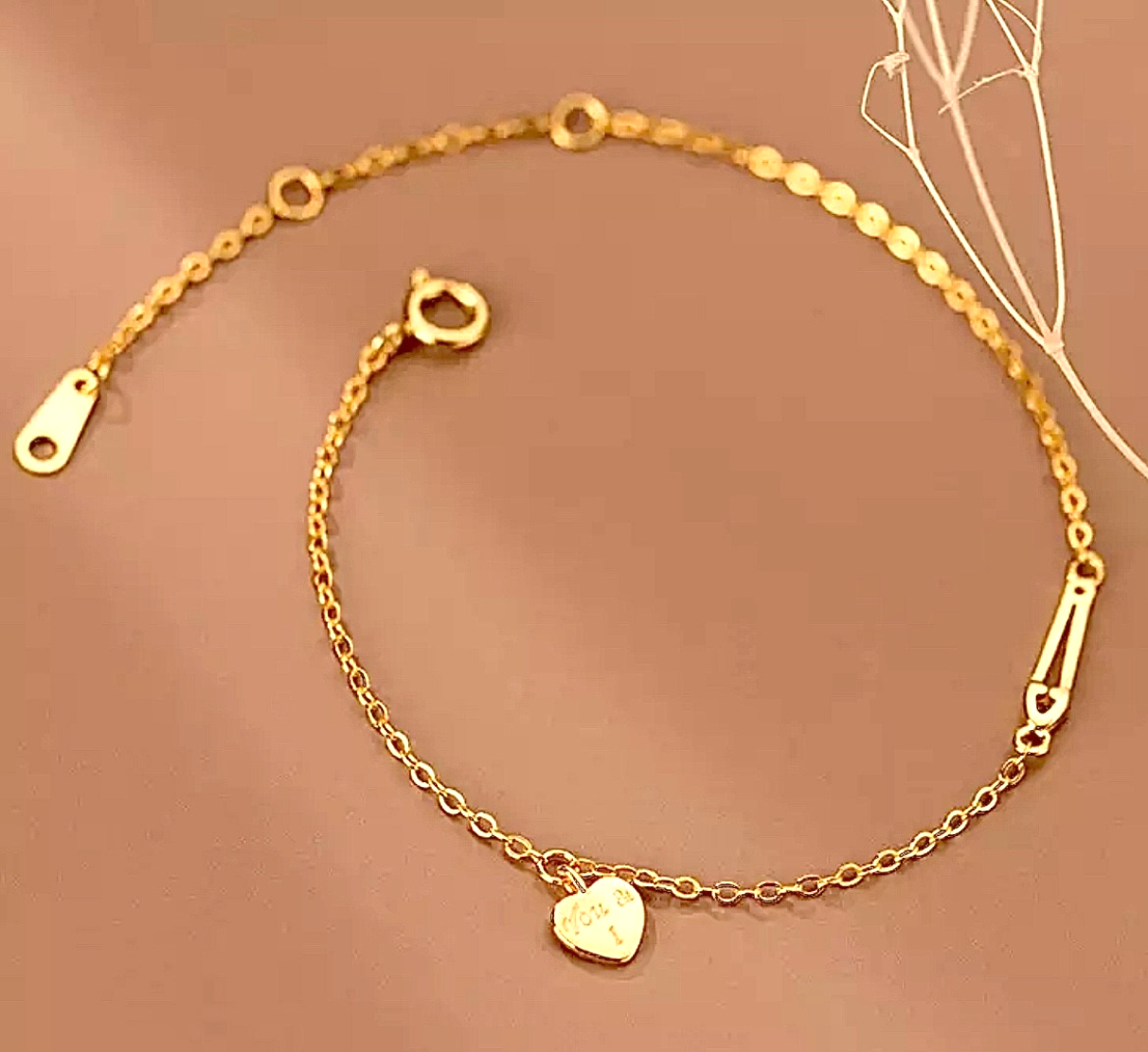 Elegant Dainty Love You & I Heart Bracelet 14K Gold, 925 Sterling Silver