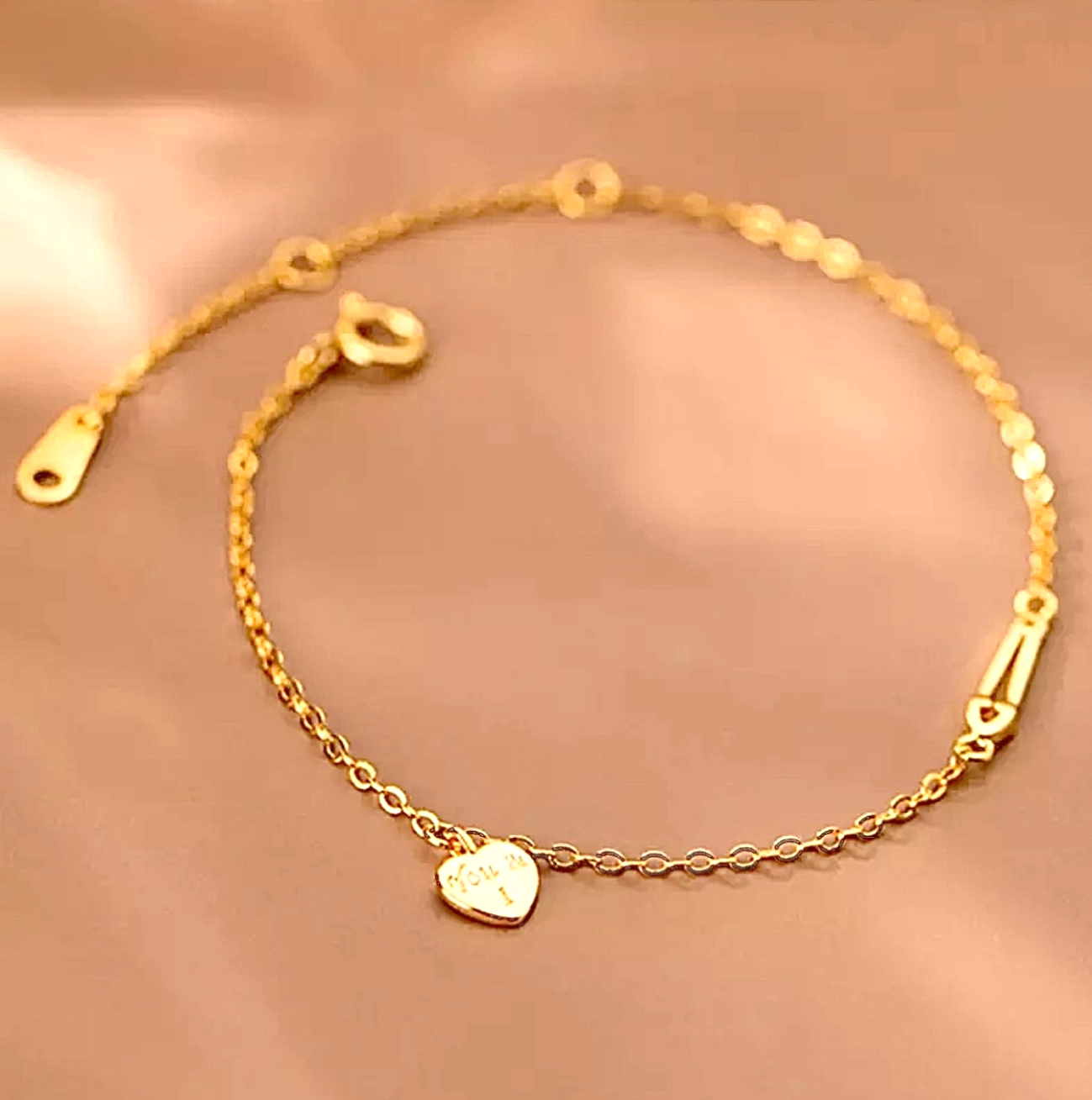 Elegant Dainty Love You & I Heart Bracelet 14K Gold, 925 Sterling Silver
