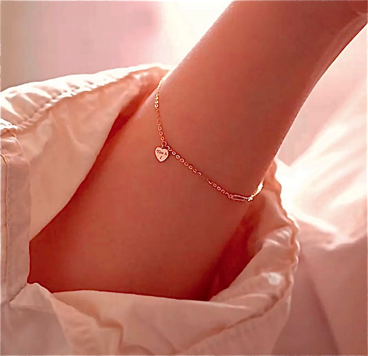 Elegant Dainty Love You & I Heart Bracelet 14K Gold, 925 Sterling Silver