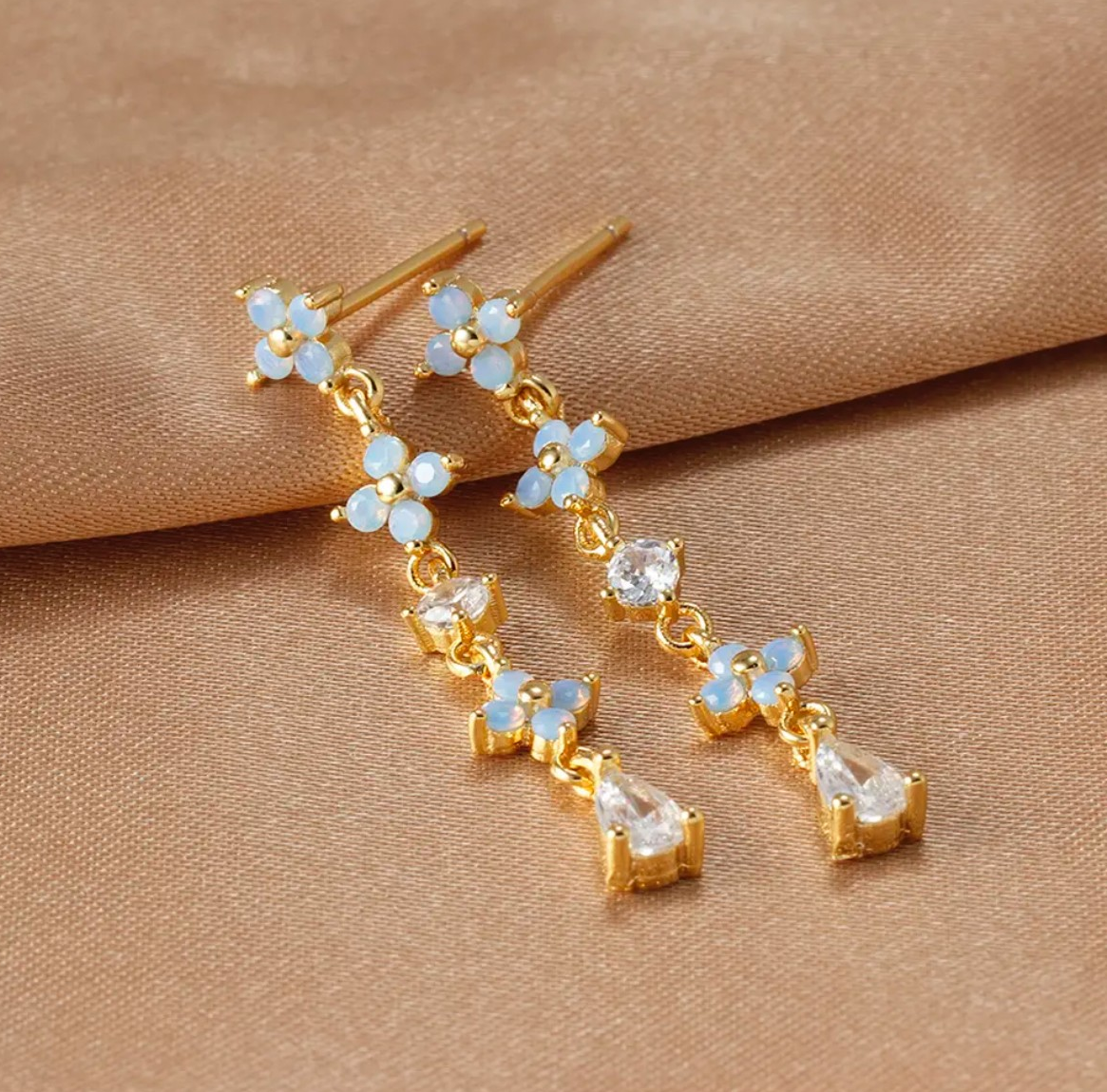 Blue 4 Leaf Clover Flower Earrings