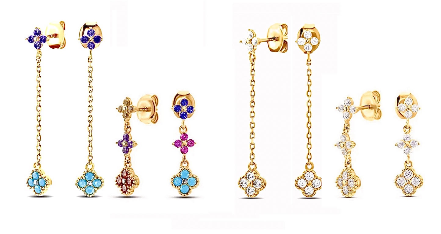 Long Multi-Coloured 4 Leaf Clover Flower Earrings