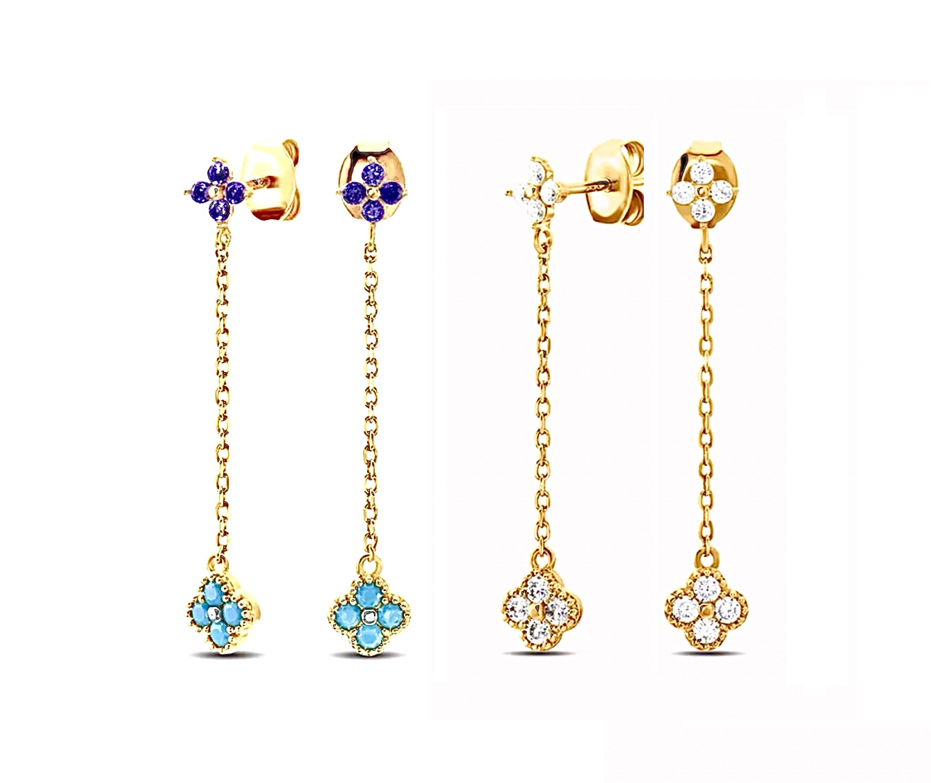Long Multi-Coloured 4 Leaf Clover Flower Earrings
