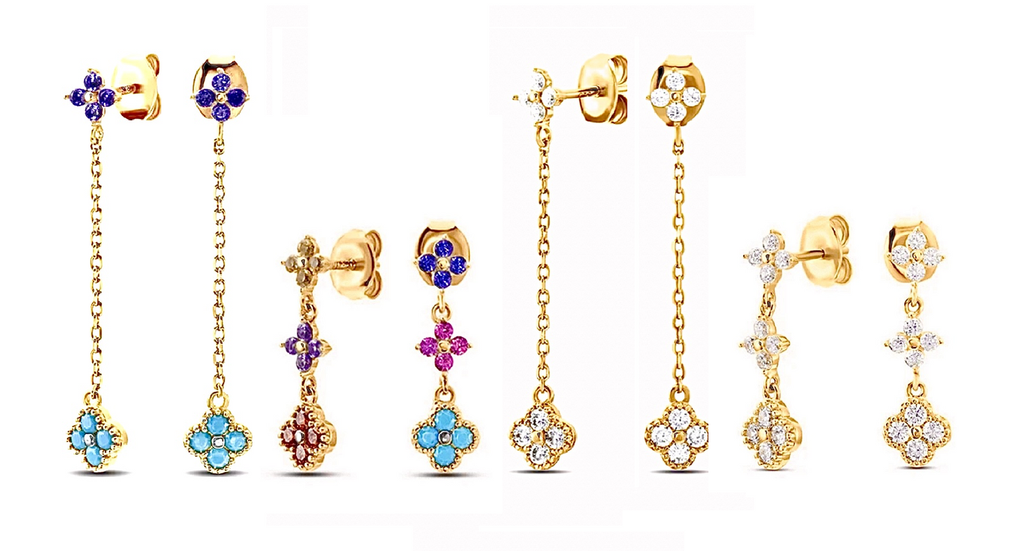 Long Multi-Coloured 4 Leaf Clover Flower Earrings