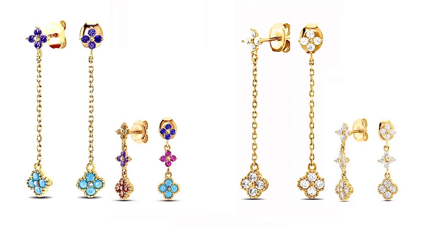 Long Multi-Coloured 4 Leaf Clover Flower Earrings