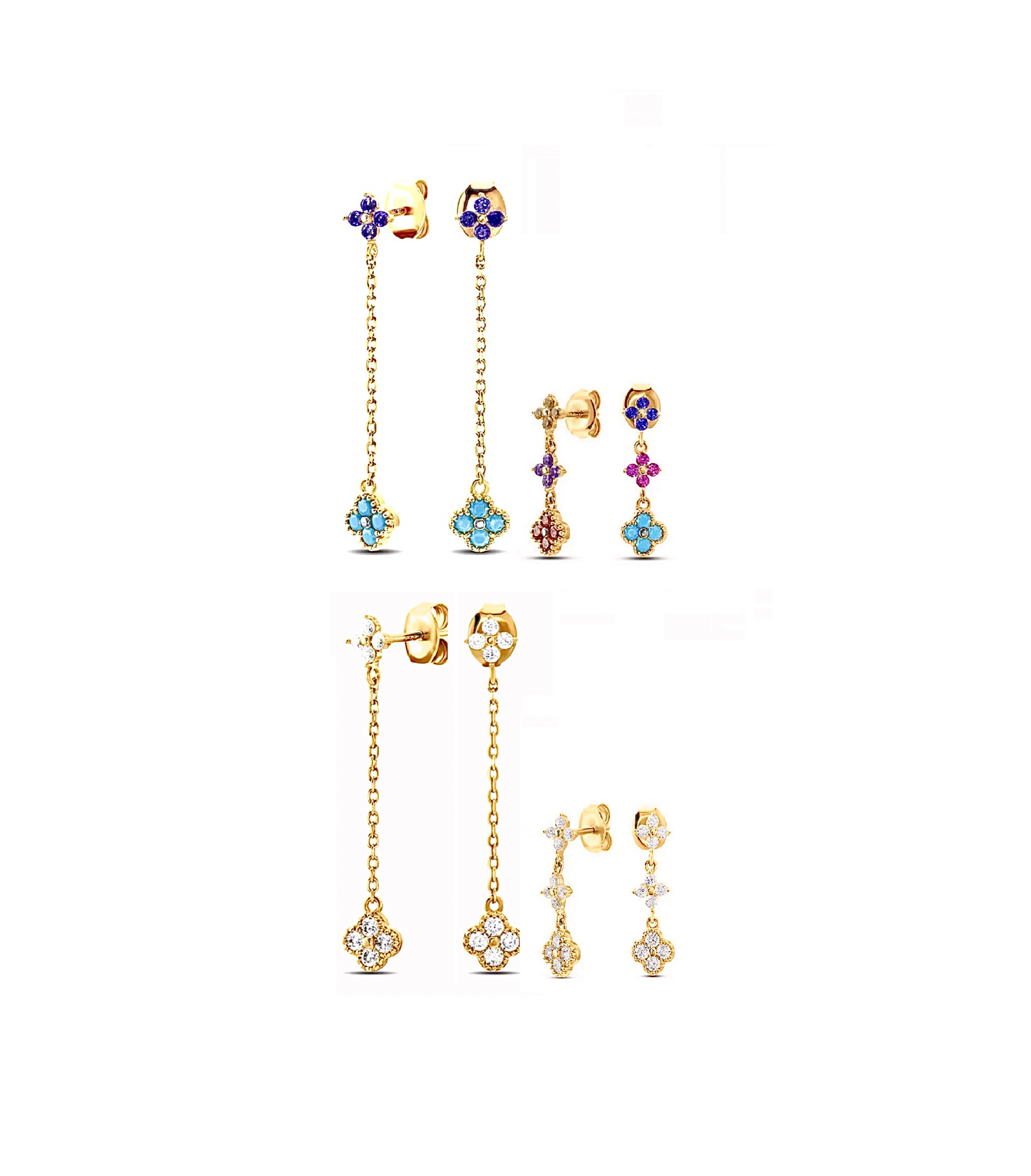 Long Multi-Coloured 4 Leaf Clover Flower Earrings