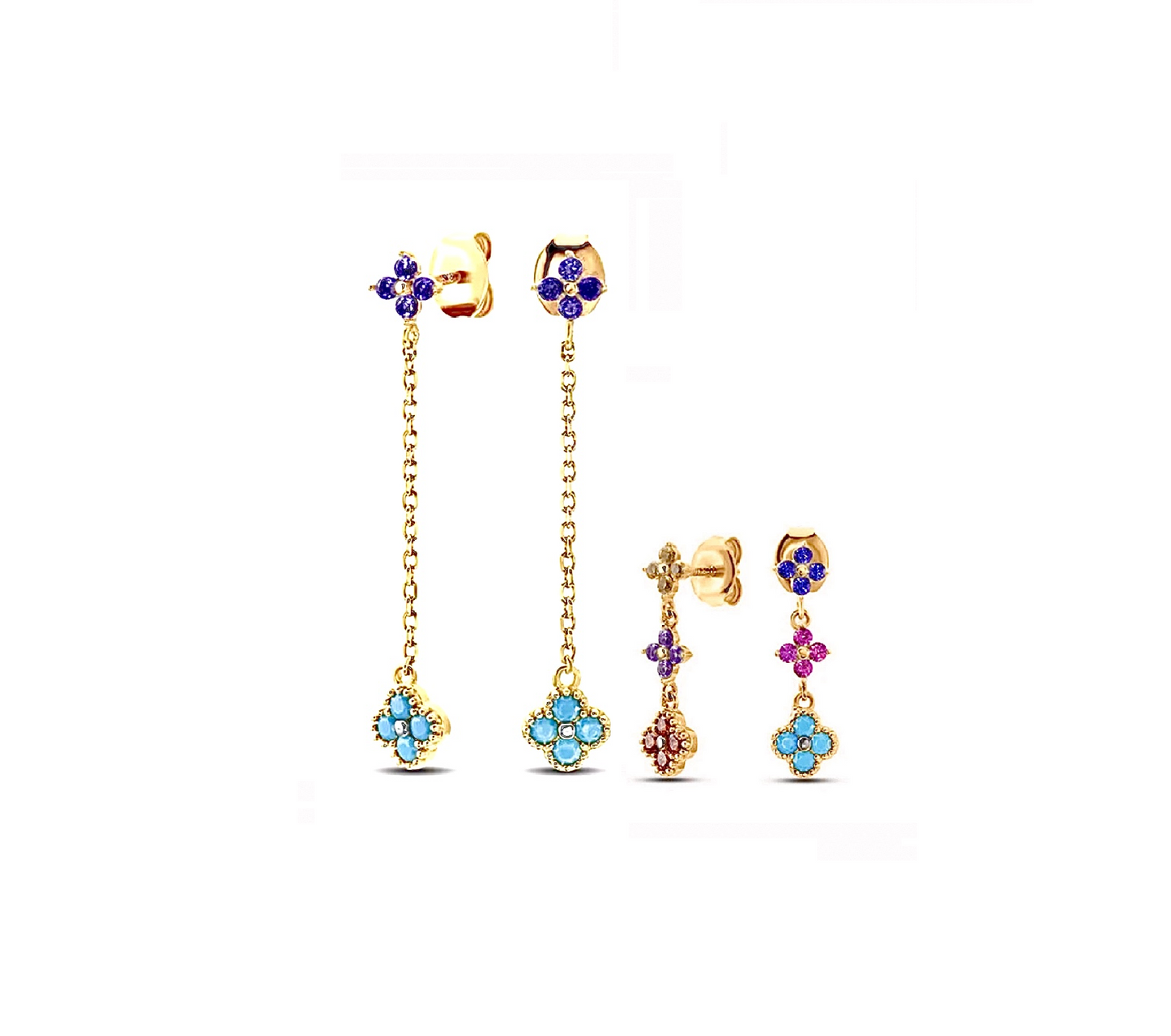 Long Multi-Coloured 4 Leaf Clover Flower Earrings